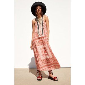 Zara Womens Printed Maxi Dress Front Fringe XS-S